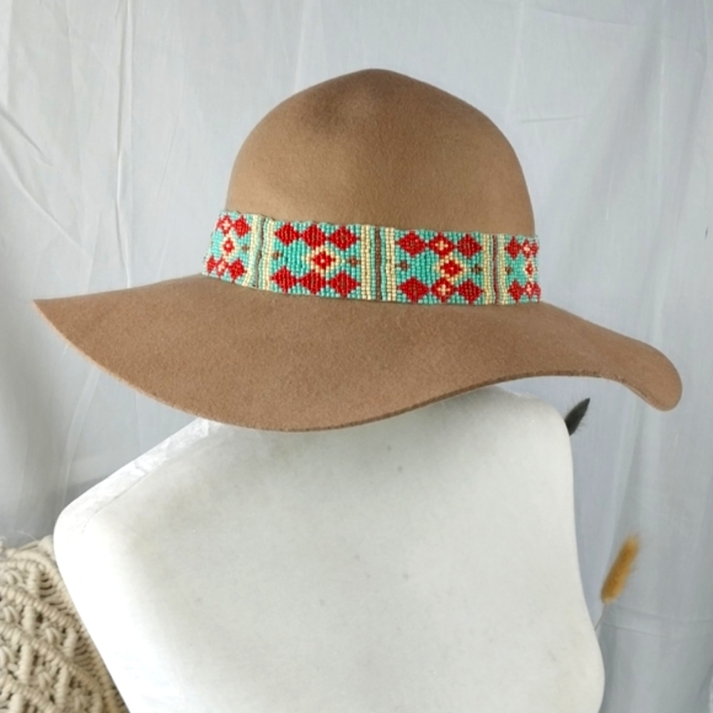 Olive & Pique Boho Tan w/ multi colored glass beaded tribal strap wool hat